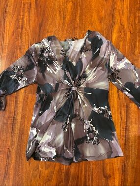 Twist-Front Floral Blouse in Plum and Black